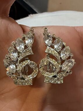 Vintage Silver Tone Crystal Leaf Clip-On Earrings